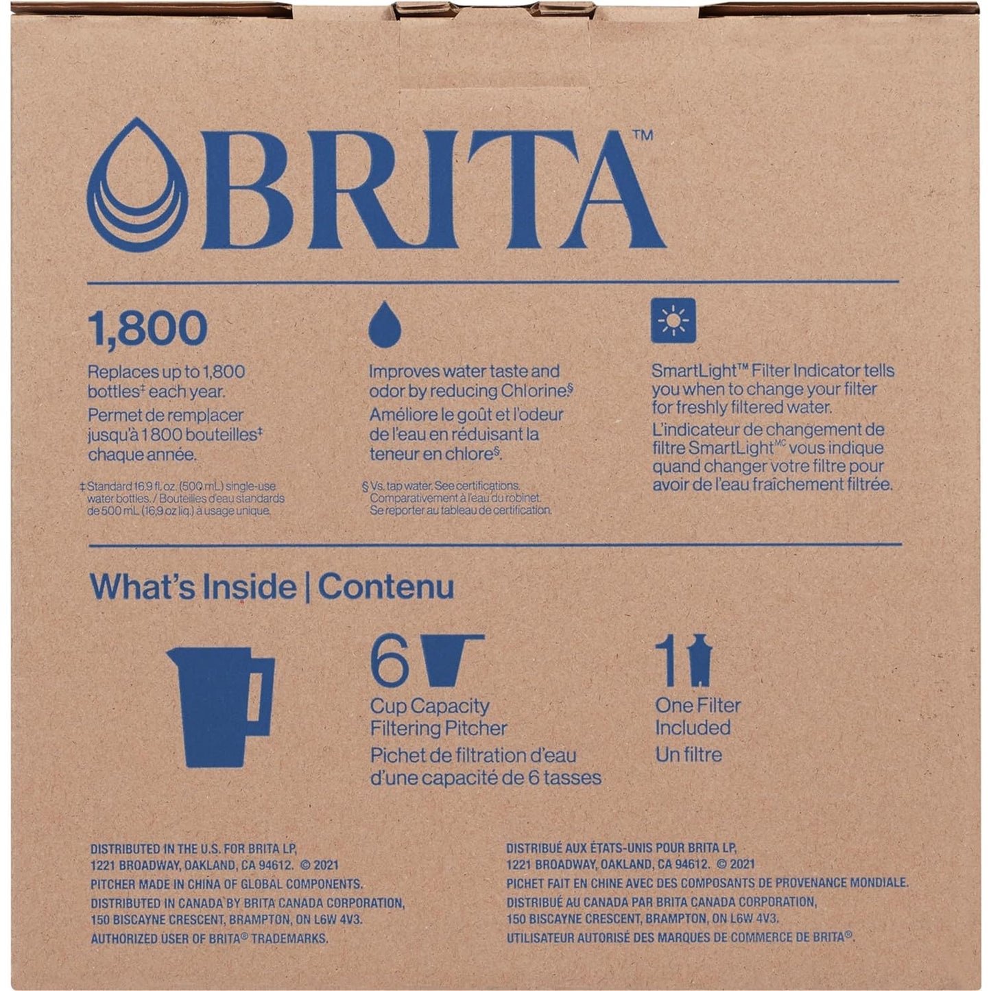 Brita Water Filter Pitcher for Tap and Drinking Water with 1 Standard Filter, Lasts 2 Months, 6-Cup Capacity, BPA Free, White