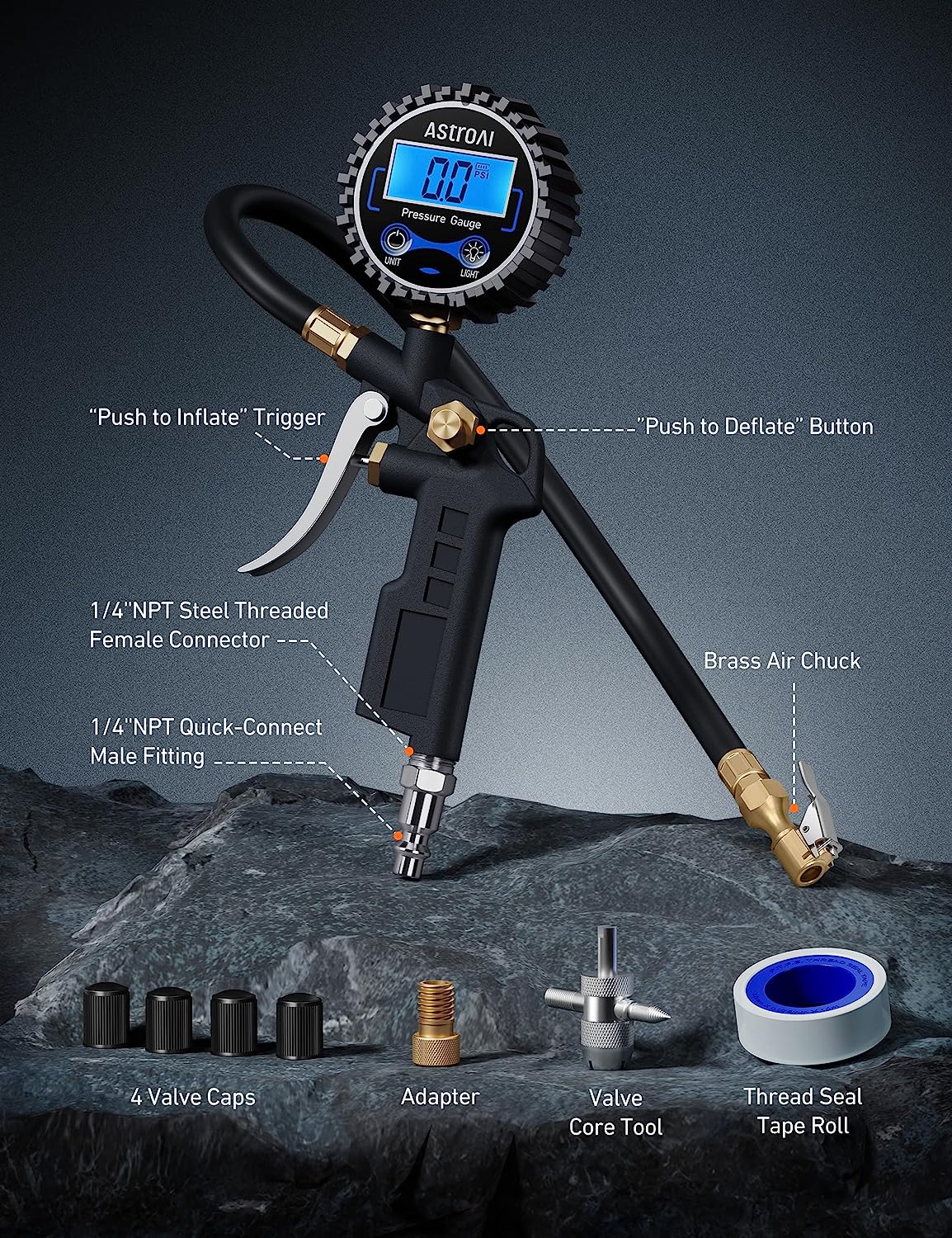 AstroAI Digital Tire Pressure Gauge with Inflator, 250 PSI Air Chuck & Compressor Accessories Heavy Duty with Quick Connect Coupler, 0.1 Display Resolution, Car Accessories & Stocking Stuffers for Men