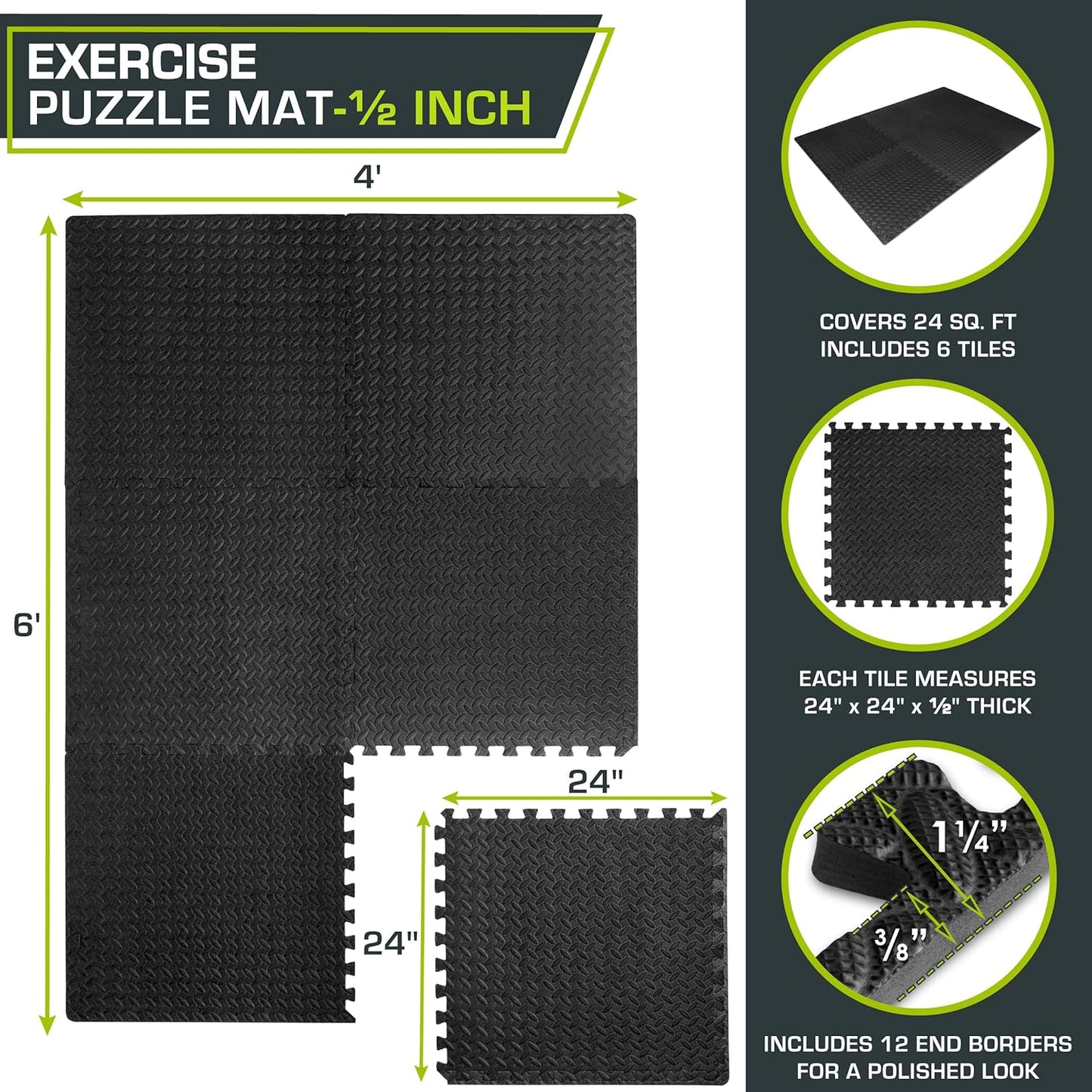 ProsourceFit Puzzle Exercise Mat ½”, EVA Interlocking Foam Floor Tiles for Home Gym, Mat for Home Workout Equipment, Floor Padding for Kids, Available in Packs of 24 SQ FT, 48 SQ FT, 144 SQ FT