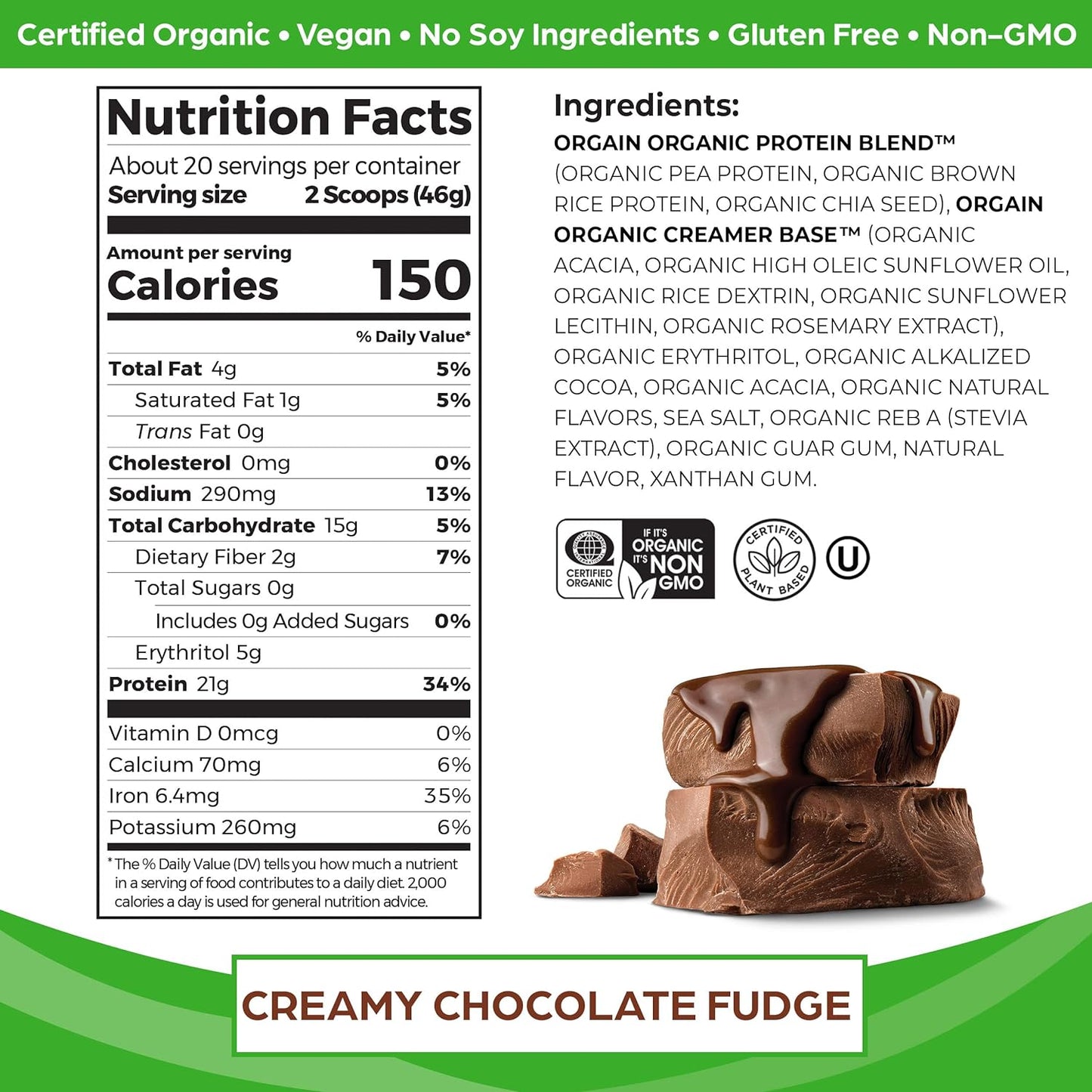 Orgain Organic Vegan Protein Powder, Creamy Chocolate Fudge - 21g Plant Based Protein, Gluten Free, Dairy Free, Lactose Free, Soy Free, No Sugar Added, Kosher, For Smoothies & Shakes - 2.03lb