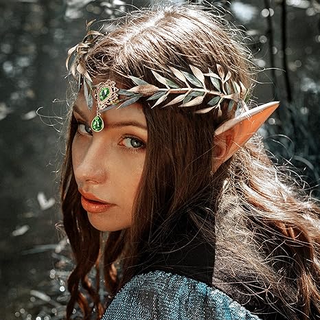 MOSTORY Fairy Leaf Rhinestone Crown with Elf Ears Set Handmade Princess Headpiece with 2 Pairs Soft Elven Ears kit for Women Girls Reneaissance Halloween Wedding Cosplay Photo Props