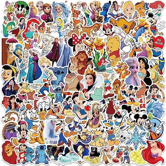 100Pcs Kids Disney Stickers Pack Princess Stickers Cute Cartoon Characters Stickers Cartoon Movie Decal Childrens Decorative Sticker for Kids Teens Adults Waterproof Vinyl Princess Stickers for Water Bottle Laptop Luggage (Cartoon Characters)