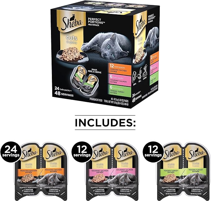 SHEBA PERFECT PORTIONS Cuts in Gravy Adult Wet Cat Food Trays (24 Count, 48 Servings), Roasted Chicken, Gourmet Salmon and Tender Turkey Entrée, Easy Peel Twin-Pack Trays