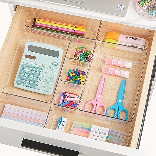 Vtopmart 25 PCS Clear Plastic Drawer Organizers Set, 4-Size Versatile Bathroom and Vanity Drawer Organizer Trays, Storage Bins for Makeup, Bedroom, Kitchen Gadgets Utensils and Offic