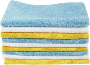 Amazon Basics Microfiber Cleaning Cloth, Non-Abrasive, Reusable and Washable, Pack of 36, Blue/White/Yellow, 16" x 12"