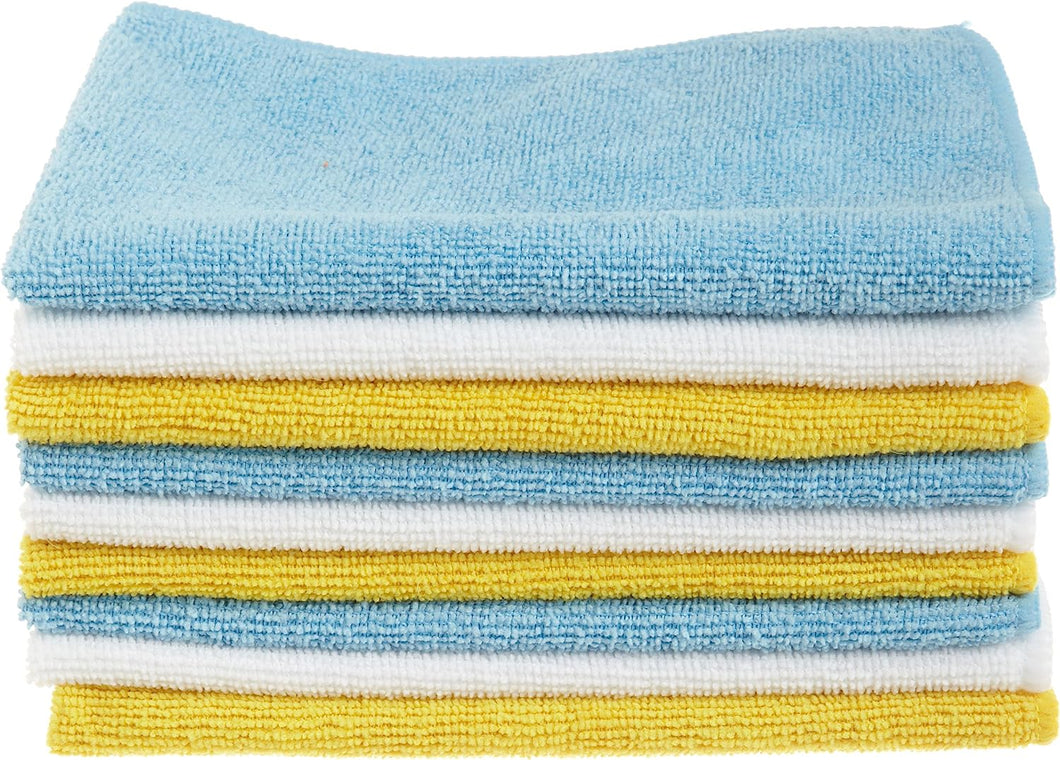 Amazon Basics Microfiber Cleaning Cloth, Non-Abrasive, Reusable and Washable, Pack of 36, Blue/White/Yellow, 16