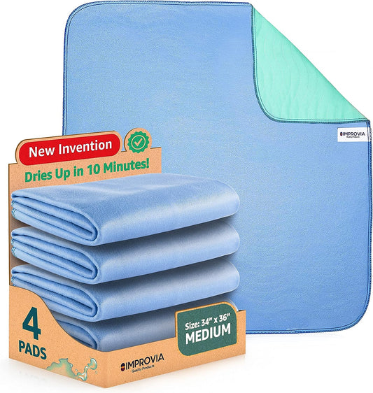 IMPROVIA® Washable Underpads, 34" x 36" (Pack of 4) - Heavy Absorbency Reusable Bedwetting Incontinence Pads for Kids, Adults, Elderly, and Pets - Waterproof Protective Pad for Bed, Couch, Sofa, Floor